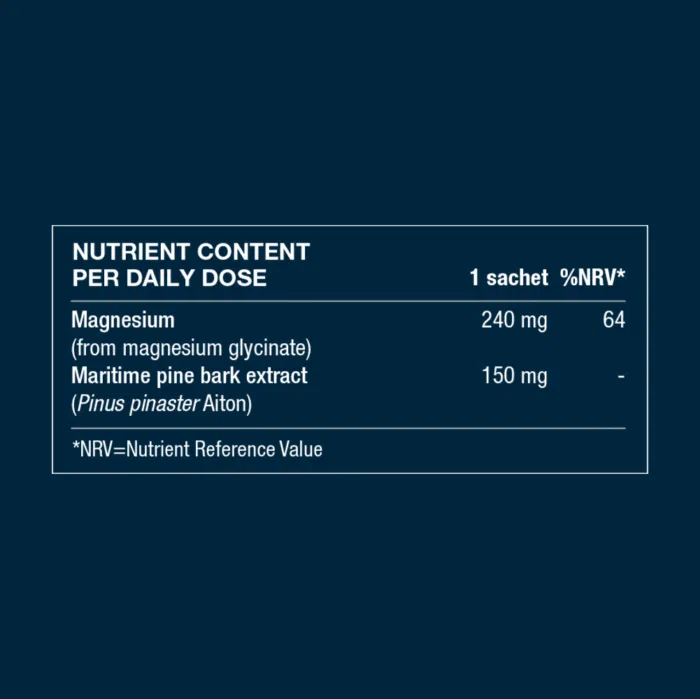 Ingredient table showing daily intake and amounts of magnesium and maritime pine bark extract.
