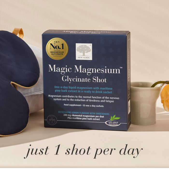 New Nordic Magic Magnesium™ Glycinate Shot shown with sleep mask, highlighting liquid magnesium to help maintain normal nervous system function.