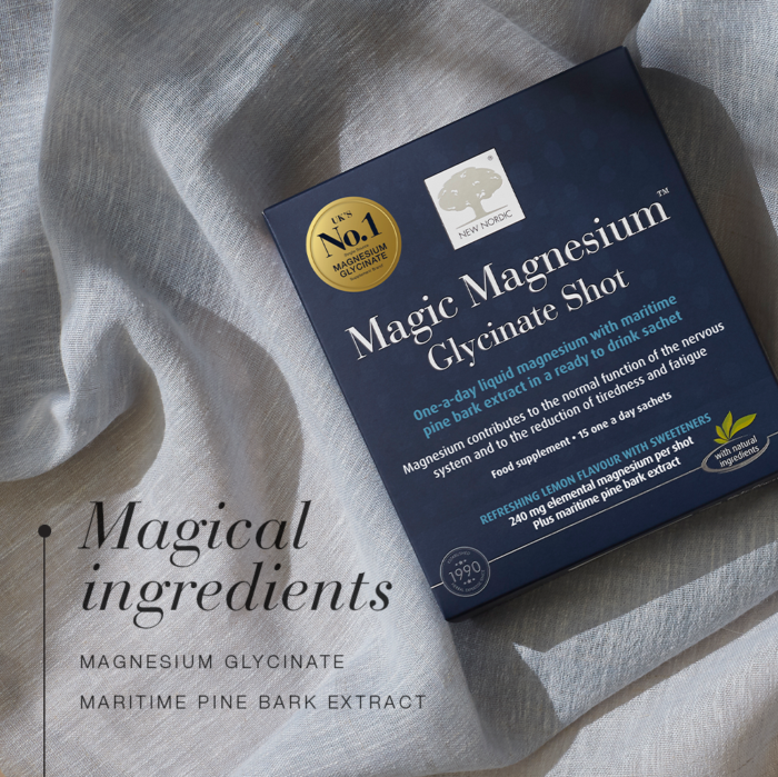 Magical ingredients of Magic Magnesium™ Glycinate Shot, including magnesium glycinate and maritime pine park extract.