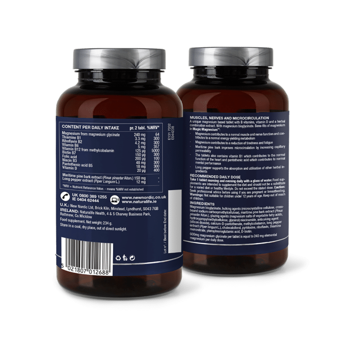 Back of two Magic Magnesium™ Glycinate bottles showing ingredient lists and dosage information.
