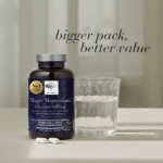 New Nordic Magic Magnesium™ Glycinate 600 mg with a glass of water and the text “Bigger pack, better value.”