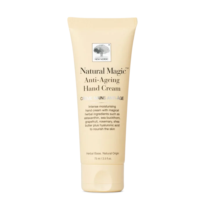 New Nordic Natural Magic™ Anti-Ageing Hand Cream in a beige tube.