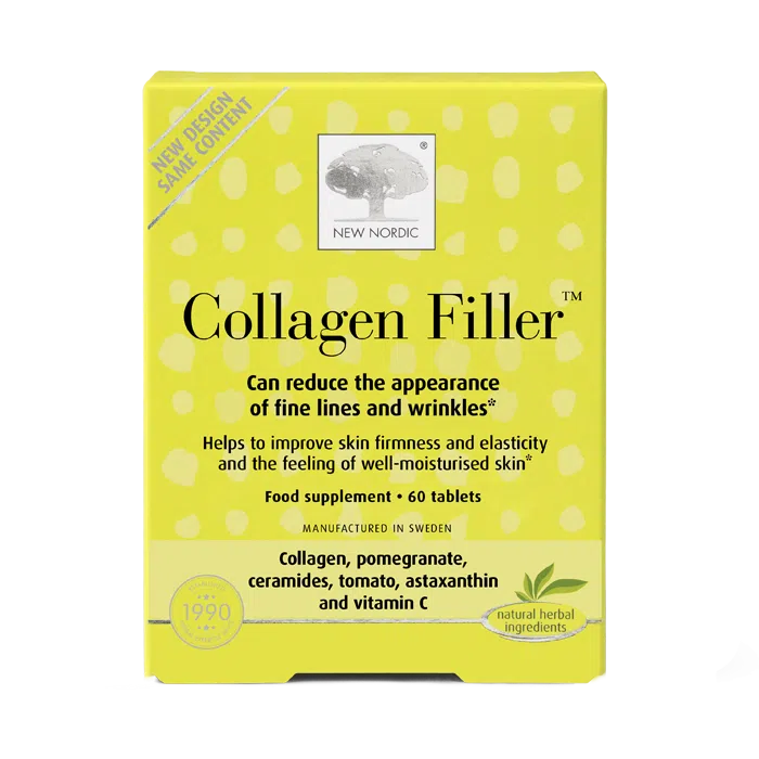 New Nordic Collagen Filler™ tablets help maintain skin firmness, elasticity, and reduce fine lines with collagen and vitamin C.