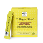 New Nordic Collagen Shots™ help maintain skin elasticity and contributes to reduced appearance of wrinkles, with hydrolysed marine collagen, vitamin C, acerola, and biotin. Image of product.