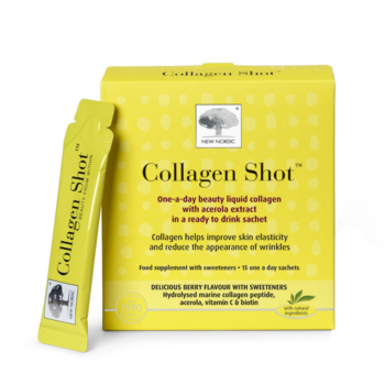 New Nordic Collagen Shots™ help maintain skin elasticity and contributes to reduced appearance of wrinkles, with hydrolysed marine collagen, vitamin C, acerola, and biotin. Image of product.