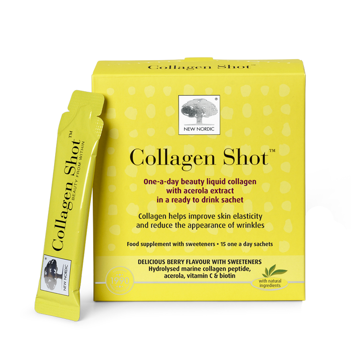 New Nordic Collagen Shots™ help maintain skin elasticity and contributes to reduced appearance of wrinkles, with hydrolysed marine collagen, vitamin C, acerola, and biotin. Image of product.