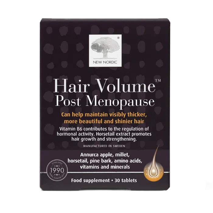 Image of New Nordic Hair Volume™ Post Menopause tablets, help maintain thicker, shinier hair with apple extract, B vitamins, zinc, biotin, and horsetail.