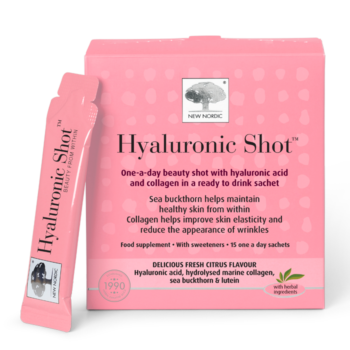 New Nordic Hyaluronic Shot™, helps maintain skin hydration and elasticity, reducing wrinkles with hyaluronic acid, collagen, lutein, and sea buckthorn.