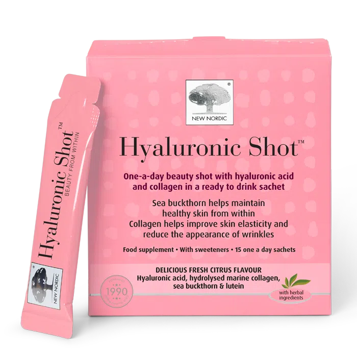 New Nordic Hyaluronic Shot™, helps maintain skin hydration and elasticity, reducing wrinkles with hyaluronic acid, collagen, lutein, and sea buckthorn.