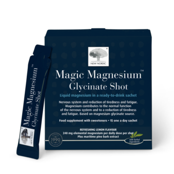 New Nordic Magic Magnesium™ Glycinate Shot helps maintain muscle, nerve, and energy function, and contributes to reduced tiredness and improved microcirculation, with maritime pine bark. Image of product.