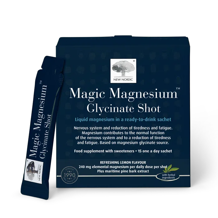 New Nordic Magic Magnesium™ Glycinate Shot helps maintain muscle, nerve, and energy function, and contributes to reduced tiredness and improved microcirculation, with maritime pine bark. Image of product.