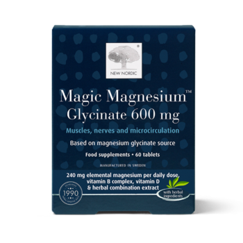 New Nordic Magic Magnesium™ Glycinate tablets help maintain muscle, nerve, and energy function, support microcirculation, and provide B and D vitamins, with magnesium and pine bark. Image of product.