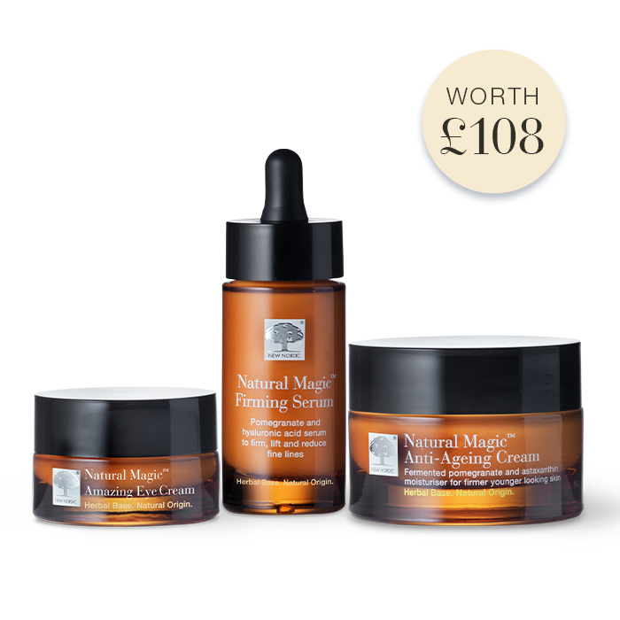 New Nordic Natural Magic™ Trio anti-ageing skincare set, firms and reduces fine lines with cream, serum, and eye cream.