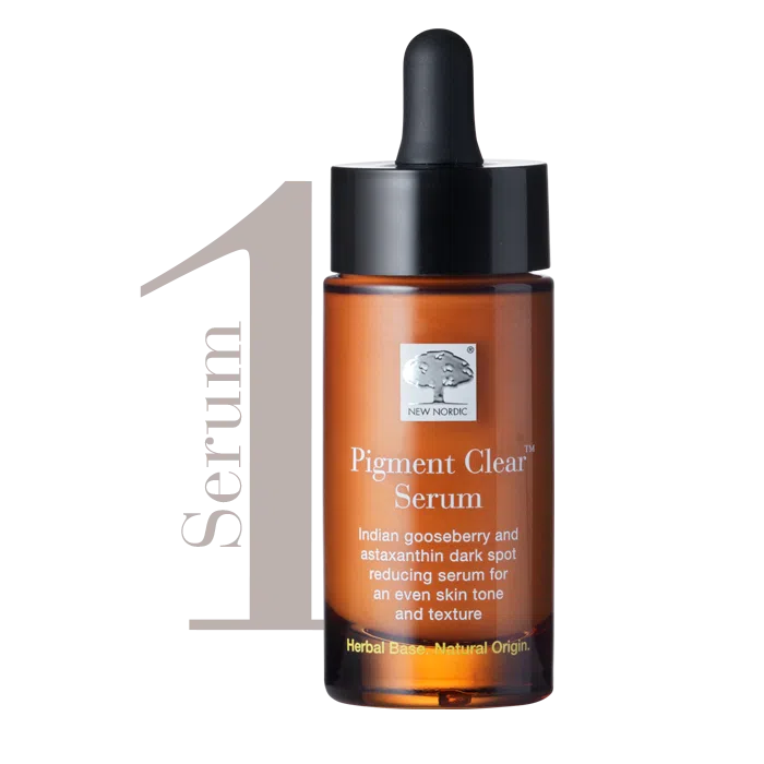 Step 1 Pigment Clear™ Serum shown as part one of a skincare routine.