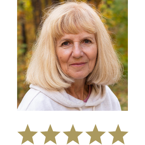 Magic Magnesium™ Malate 13 Woman smiling with five stars displayed underneath.