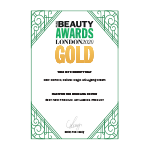 Certificate showing Beauty Awards London gold award recognition with decorative green border.