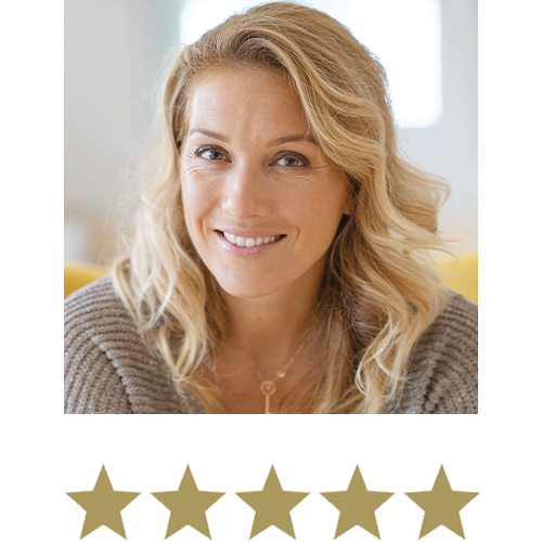 Melissa Dream™ 12 Natural Woman smiling, with five stars beneath