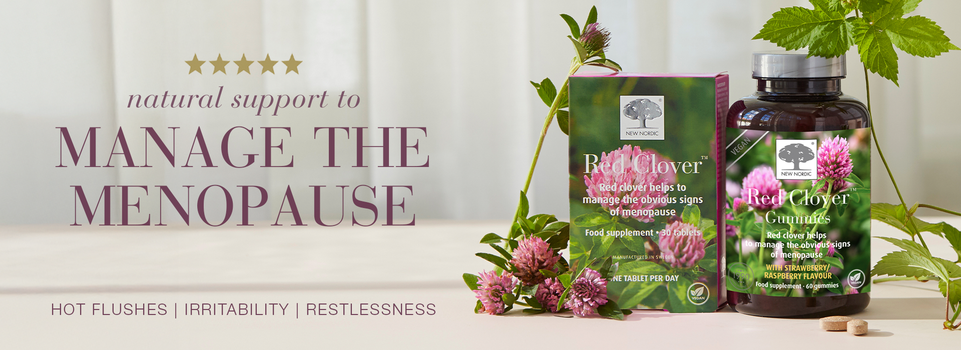 Image of New Nordic Red Clover products with text "Natural support to manage the menopause"