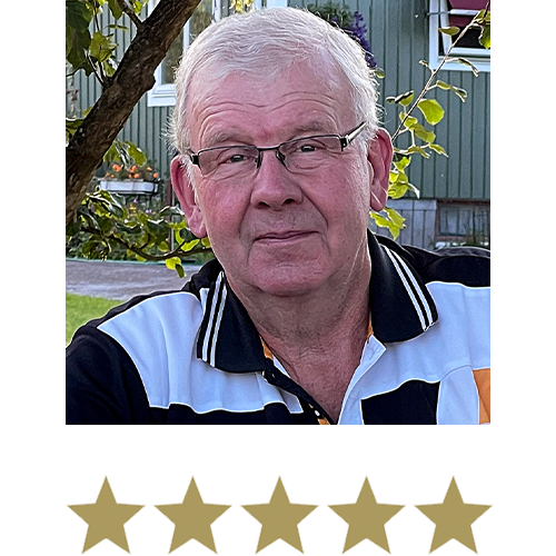 Wonder Legs⢠10 Image of an older man wearing glasses smiling with five stars beneath.