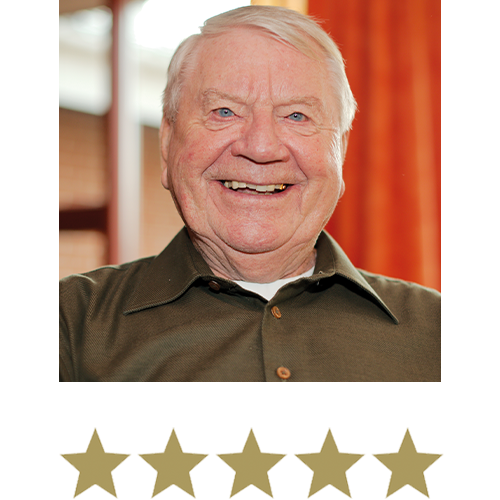 Wonder Legs⢠9 Image of an older man smiling with five stars beneath.