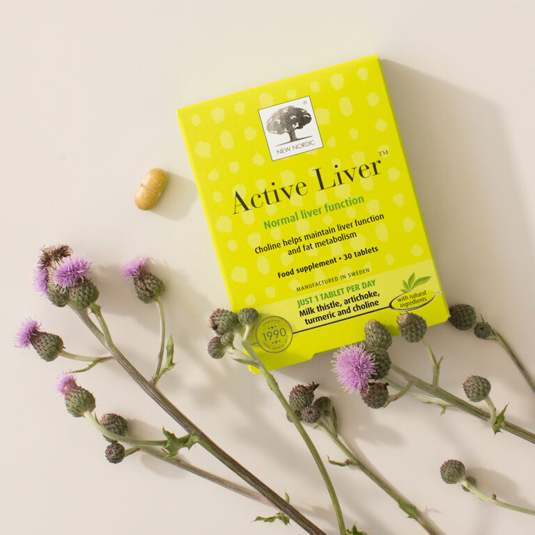 New Nordic Active Liver™ tablets in yellow package with flowers around.