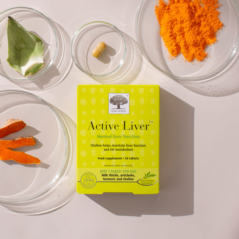 The yellow package of the New Nordic Active Liver™ tablets that help maintain healthy digestion and normal liver function.
