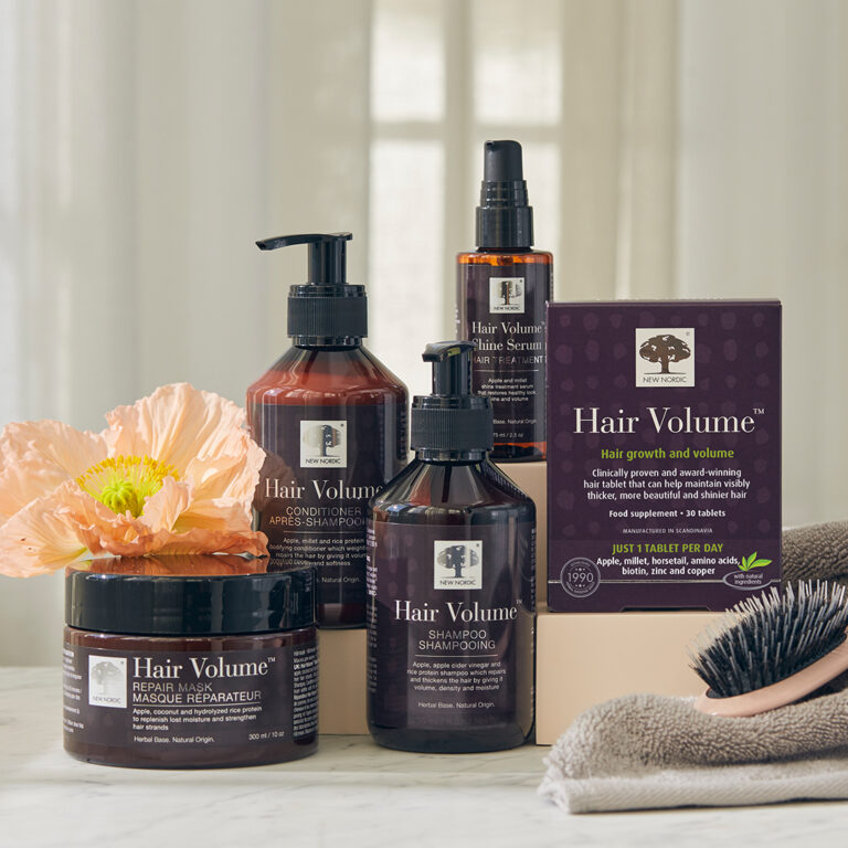 New Nordic Hair Volume™ range – supplements, shampoo, conditioner, and care products for stronger, fuller, shiny hair.
