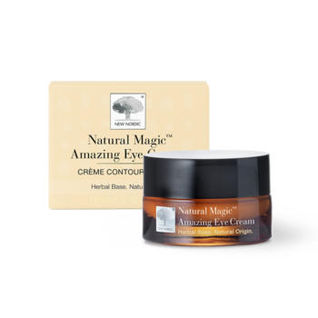 New Nordic Natural Magic™ Amazing Eye Cream, lifts and firms the eye area while moisturizing and protecting skin with hyaluronic acid, sea buckthorn, sunflower oil, vitamin E, and pomegranate.