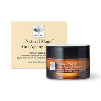 New Nordic Natural Magic™ Anti-Ageing Cream, reduces wrinkles while moisturizing, firming, smoothing, and brightening skin with pomegranate, astaxanthin, and sunflower oil.
