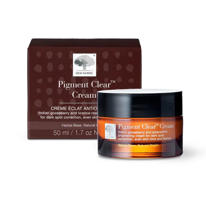 Pigment Clear™ Cream, brightens and evens skin tone with hyaluronic acid, sunflower oil, clover, liquorice root, gooseberry, mulberry, and astaxanthin.