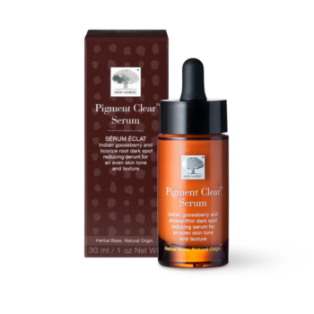 New Nordic Pigment Clear™ Serum, brightens and evens skin tone with hyaluronic acid, shea butter, sunflower oil, and plant extracts.