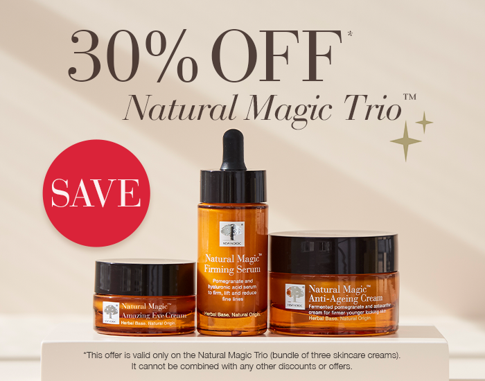 The Natural Magic™ Trio displayed with text Save, 30% off, highlighting a skincare offer.