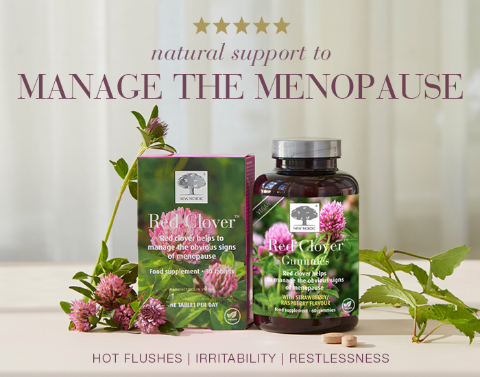 Image of New Nordic Red Clover products with text "Natural support to manage the menopause"
