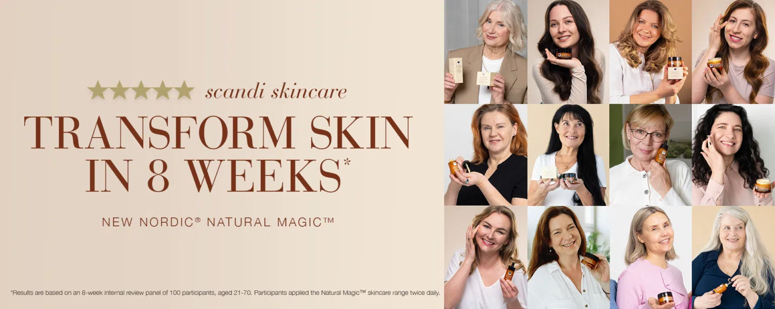 Banner: Transform skin in 8 weeks. New Nordic Natural Magic, with women using Natural Magic Skincare products