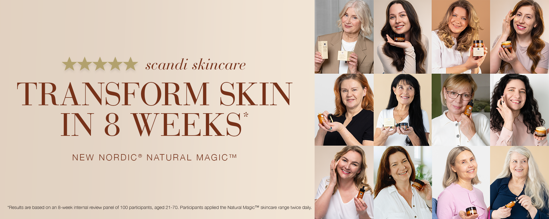 Banner: Transform skin in 8 weeks. New Nordic Natural Magic, with women using Natural Magic Skincare products