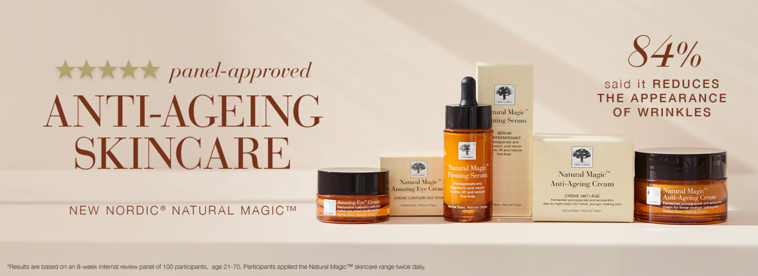 Banner with Natural Magic™ Anti-Ageing products and text Panel-approved, Anti-ageing skincare.