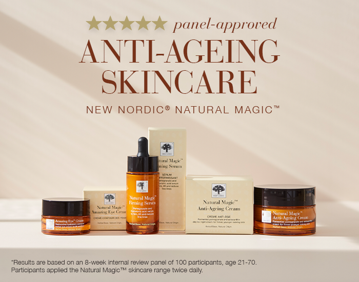 The range of Natural Magic™ Anti-ageing products displayed with text Panel-approved, anti-ageing skincare.