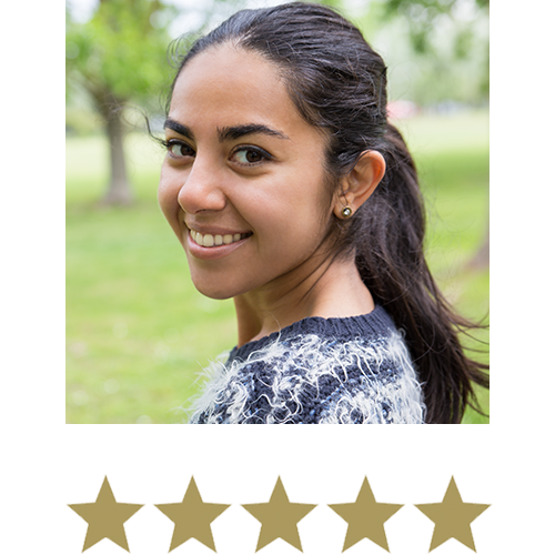 Magic Magnesium™ Malate 12 Woman smiling with five stars displayed underneath.