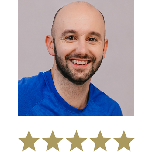 Magic Magnesium™ Malate 10 Man smiling with five stars displayed underneath.