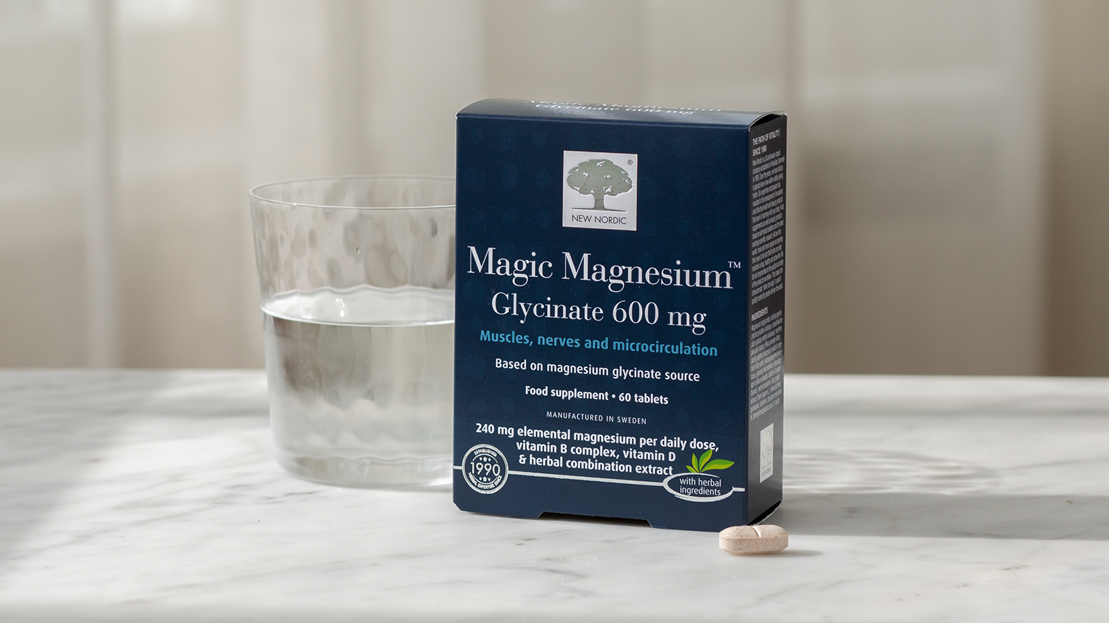 Quest for Optimal Brain Health includes Magnesium Glycinate 38 Magic Magnesium™ Glycinate with a glass of water and a tablet beside it on a light background.