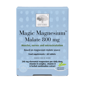 New Nordic Magnesium Malate™ tablets help maintain energy, muscle, nerve, and bone health, and contribute to reduced tiredness and improved microcirculation, with magnesium and pine bark. Image of product.