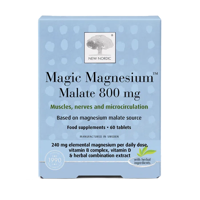 New Nordic Magnesium Malate™ tablets help maintain energy, muscle, nerve, and bone health, and contribute to reduced tiredness and improved microcirculation, with magnesium and pine bark. Image of product.