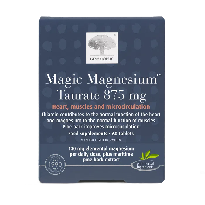 Magnesium Citrate vs Glycinate vs Malate vs Taurate 6 New Nordic Magnesium Taurate™ tablets help maintain heart, muscle, and microcirculation health, and contribute to reduced tiredness, with magnesium and French maritime pine bark. Image of product.