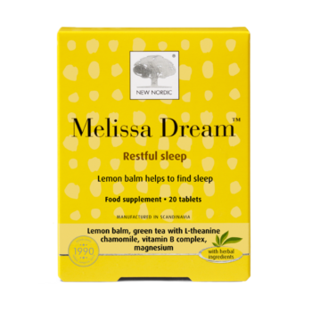 New Nordic Melissa Dream™ tablets help maintain restful sleep, normal nervous system and psychological function, with lemon balm, chamomile, green tea, B vitamins, and magnesium. Image of product.