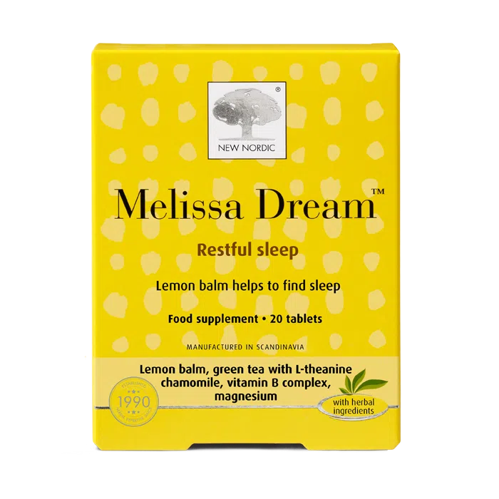 New Nordic Melissa Dream™ tablets help maintain restful sleep, normal nervous system and psychological function, with lemon balm, chamomile, green tea, B vitamins, and magnesium. Image of product.