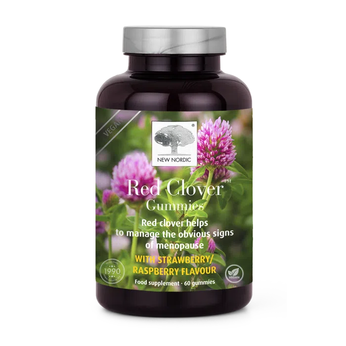 The Menopause Essentials Stack – What Vitamins Are Proven to Actually Help? 6 New Nordic Red Clover Gummies help women cope with the signs of menopause with red clover extract, vegan formula, and strawberry-raspberry flavor. Image of product.