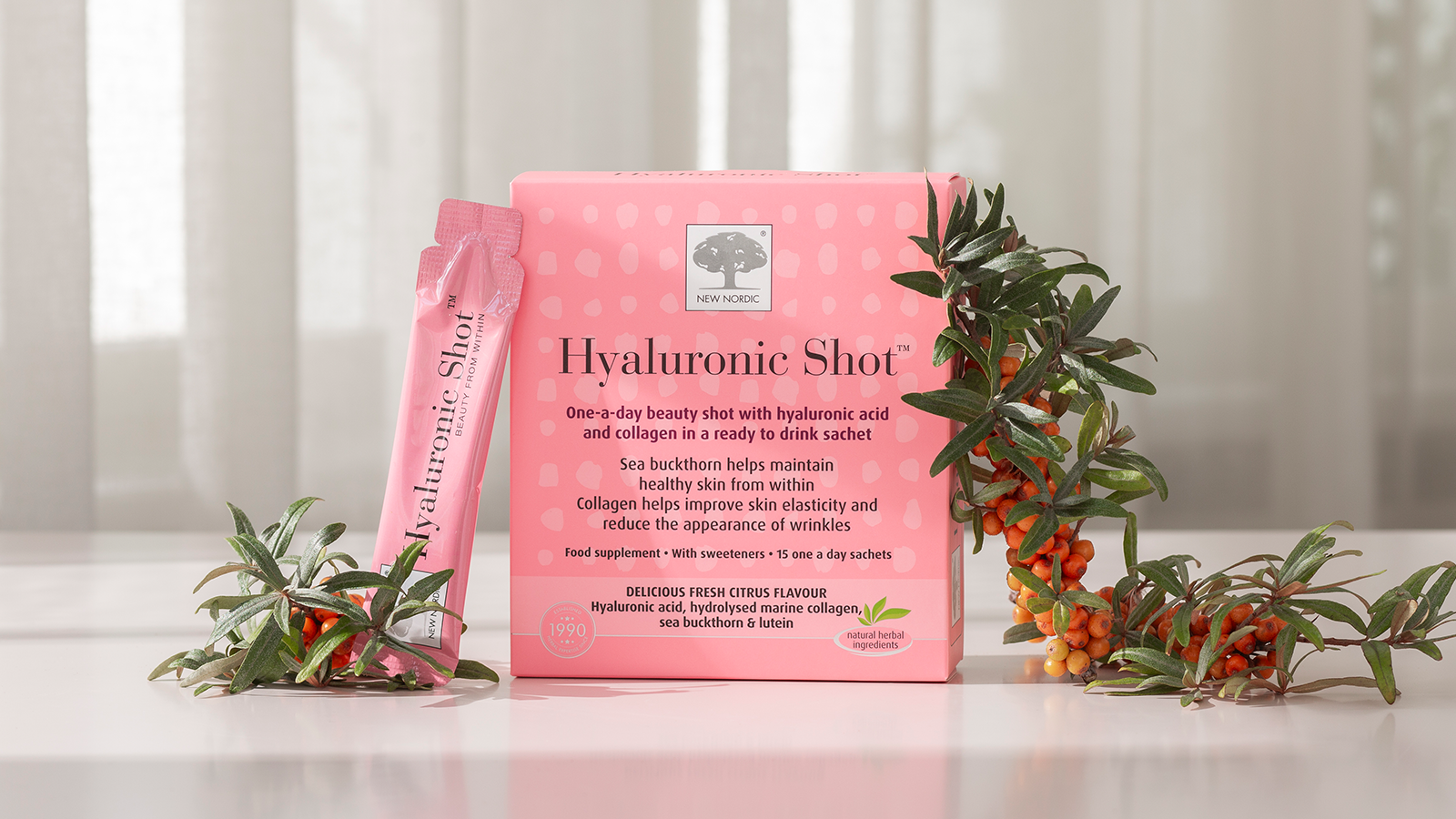 Hyaluronic Shot™ 15 Product image of New Nordic Hyaluron Shot™, 30 shots, on a light background
