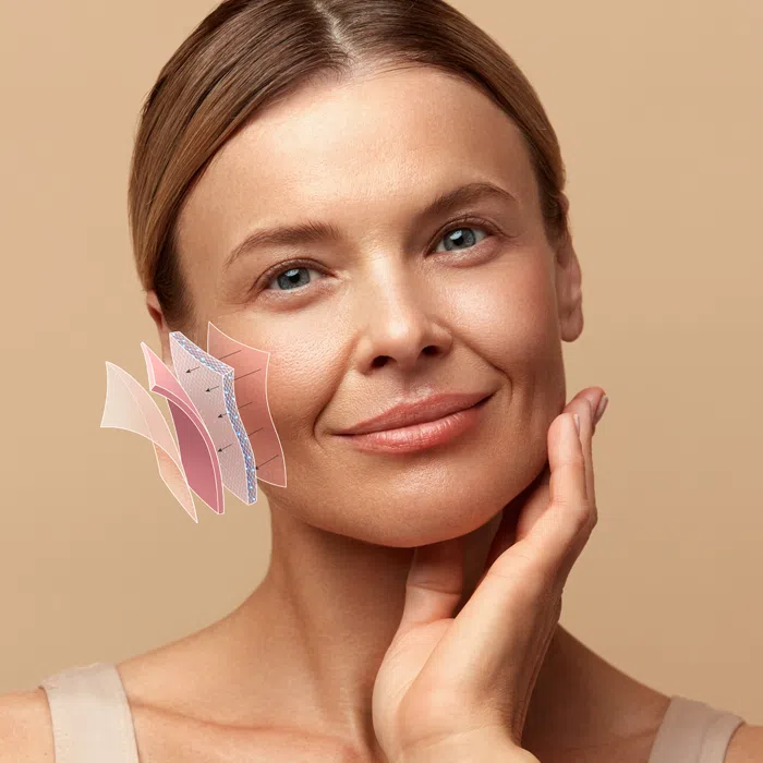 Woman touching her face with a diagram showing the different layers of the skin.