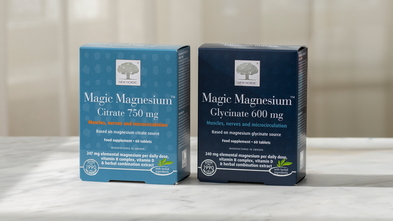 Magic Magnesium™ Glycinate 18 Blue packages of Magic Magnesium™ Citrate 750 mg and Magic Magnesium™ Glycinate 600 mg displayed together.