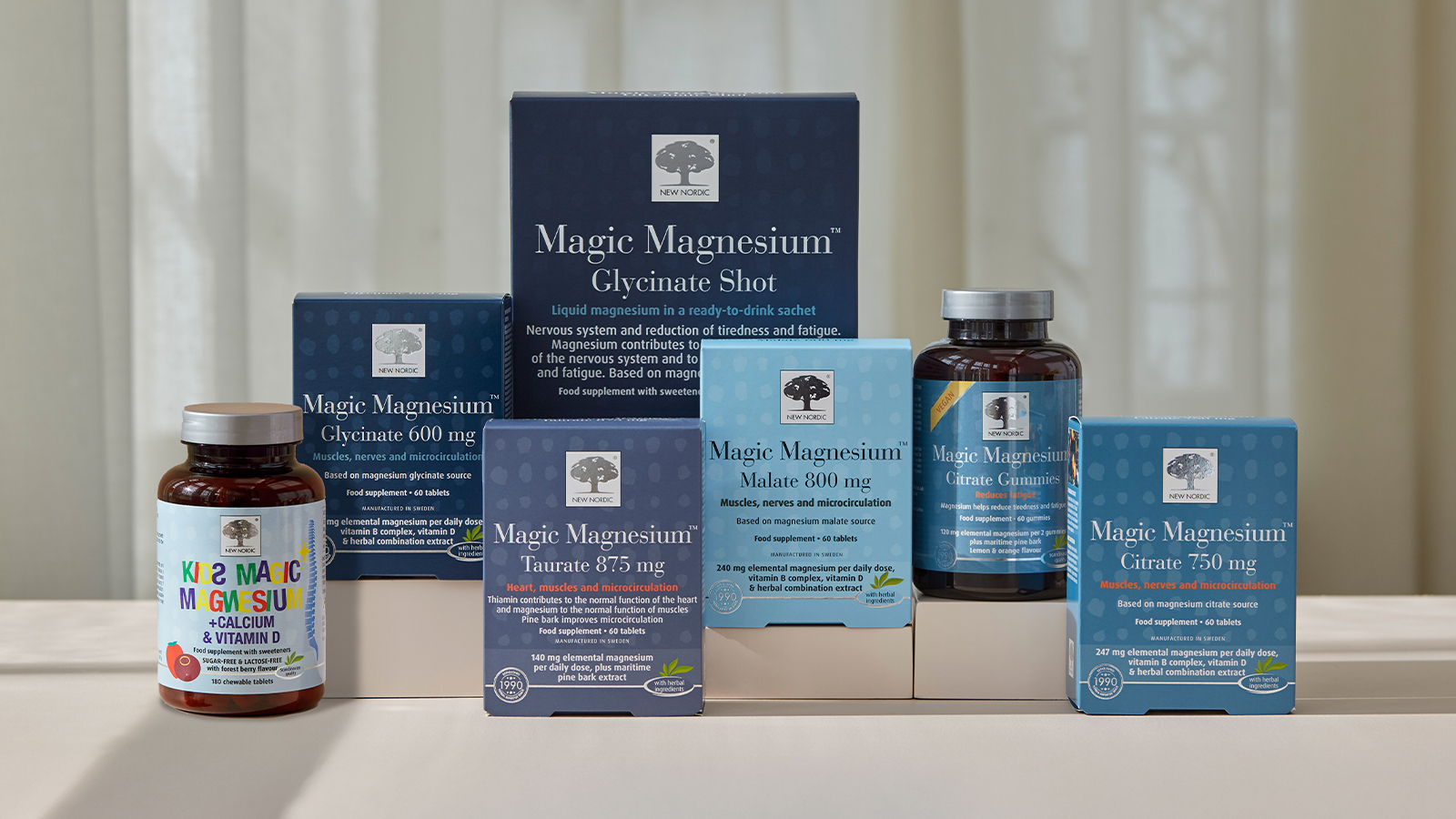 Home 27 A wide range of products from the New Nordic Magic Magnesium™ series.
